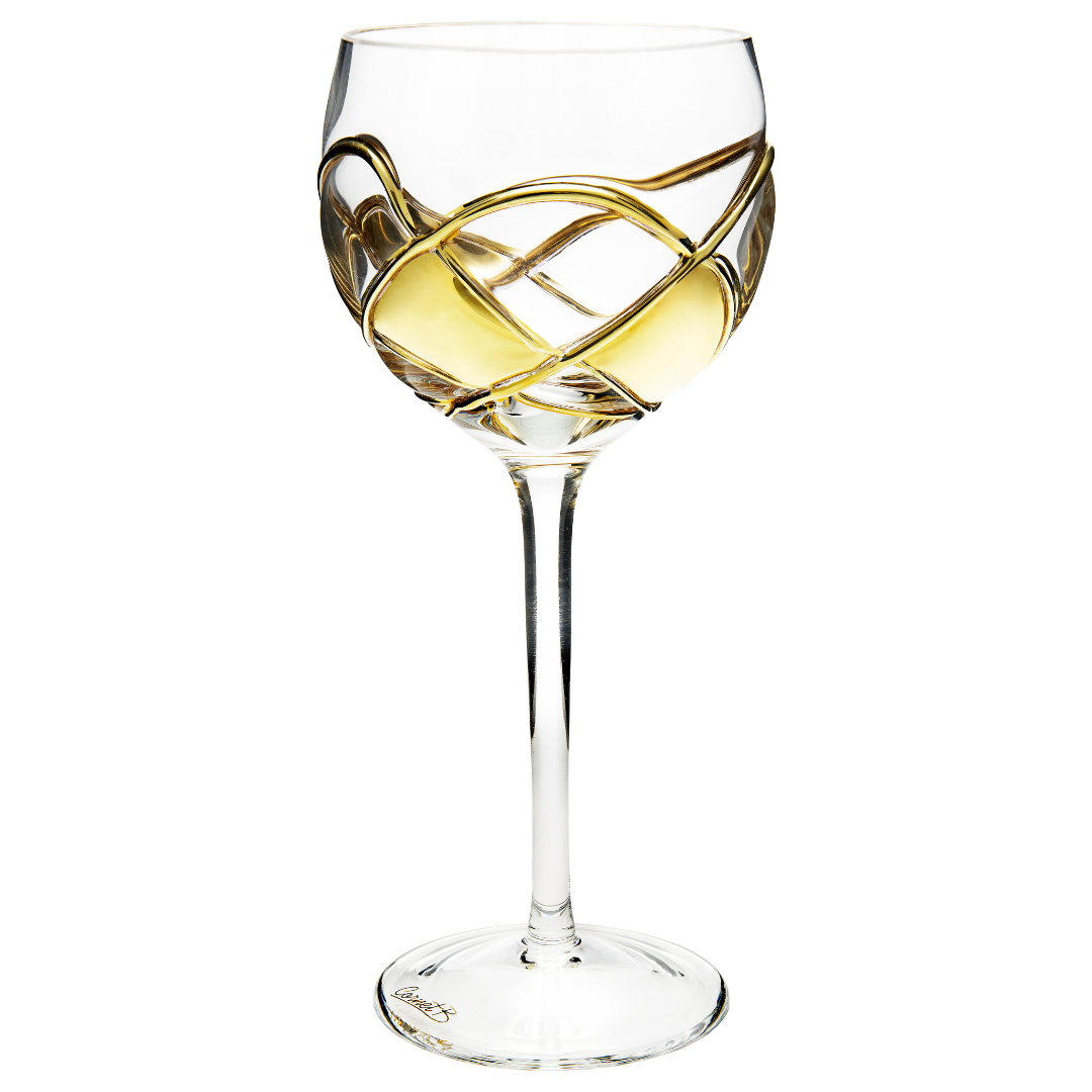Crystal Sagrada 9 1/4 “ Stained Glass Cornet Barcelona Wine Glass ~ Blue &  Gold